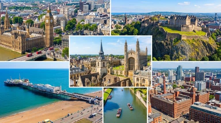 Collage of UK cities including London, Edinburgh, Cambridge, Brighton, and Manchester