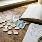 British pounds, an English textbook and calculator on a desk