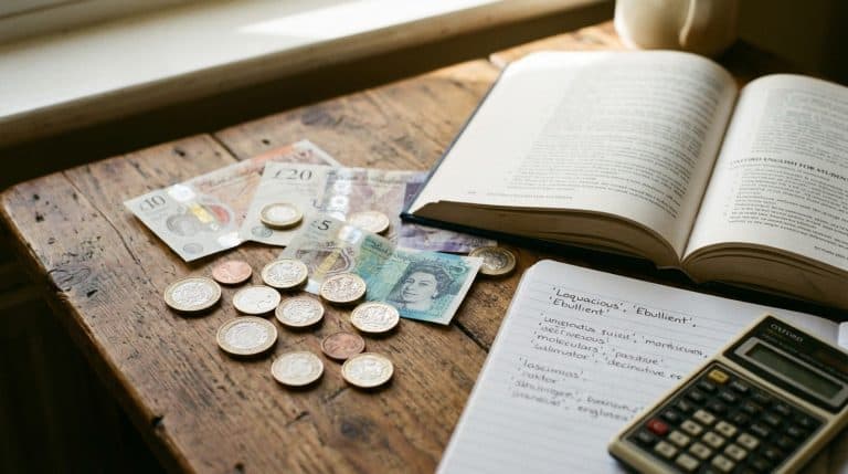 British pounds, an English textbook and calculator on a desk