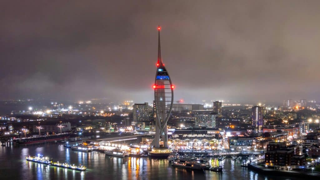 Spinnaker Tower captured at night by a drone. See my YouTube Video "Portsmouth Harbour by Drone (+Gosport)" by "Ed Wingate" to see footage of this photo location.