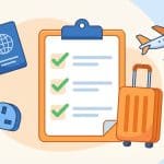 Illustration showing pre-arrival checklist items: passport, suitcase, UK plug adapter, SIM card, and plane