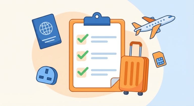Illustration showing pre-arrival checklist items: passport, suitcase, UK plug adapter, SIM card, and plane