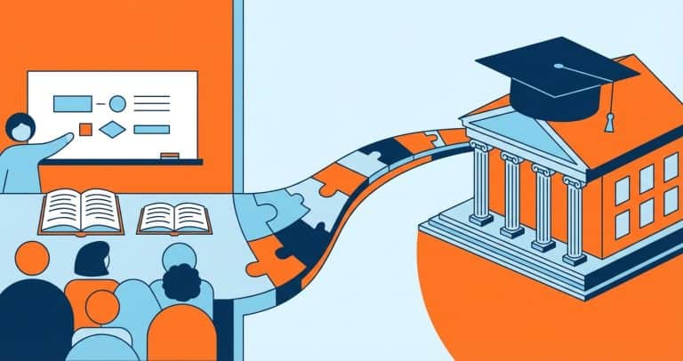 Illustration showing a pathway connecting a language classroom to a UK university building