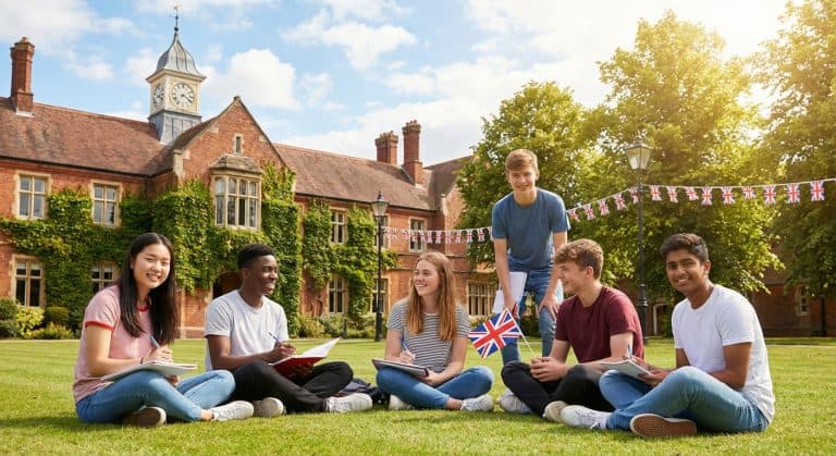 International students studying English outdoors at a British summer school