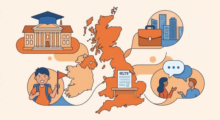 Illustration showing different types of English courses: academic, business, IELTS, young learners, and conversation