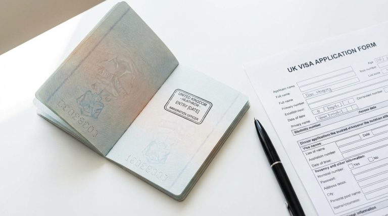 Open passport with UK entry stamp next to a visa application form