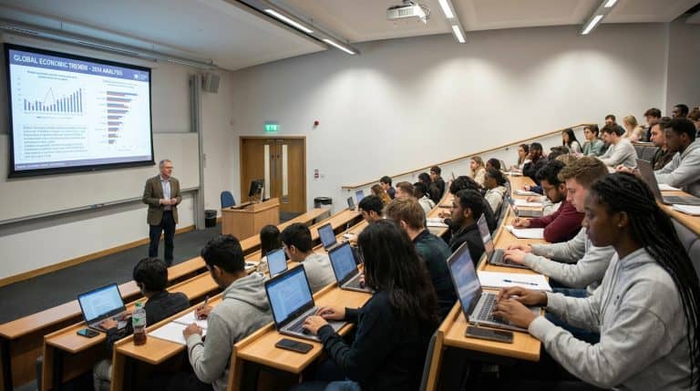 International university students in a UK lecture hall with professor presenting