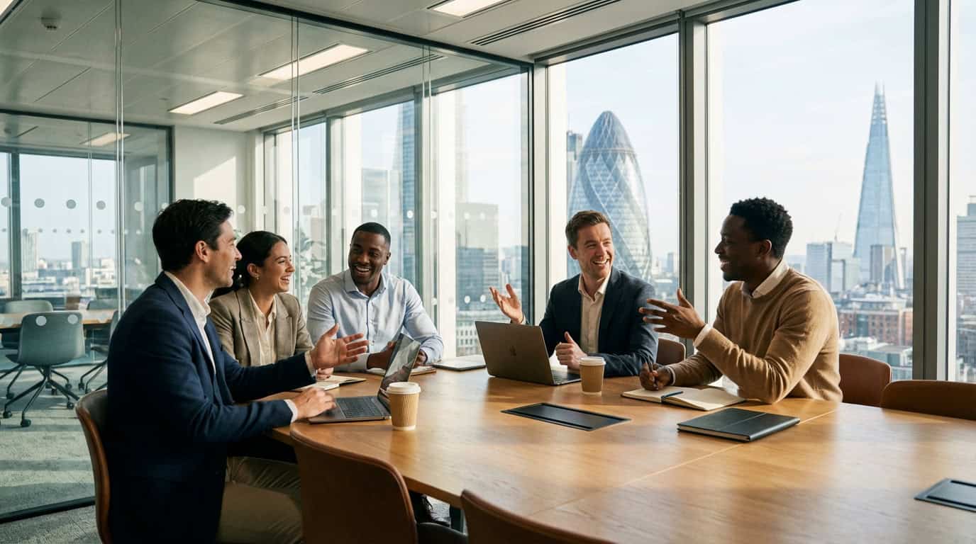 International professionals discussing in a London boardroom