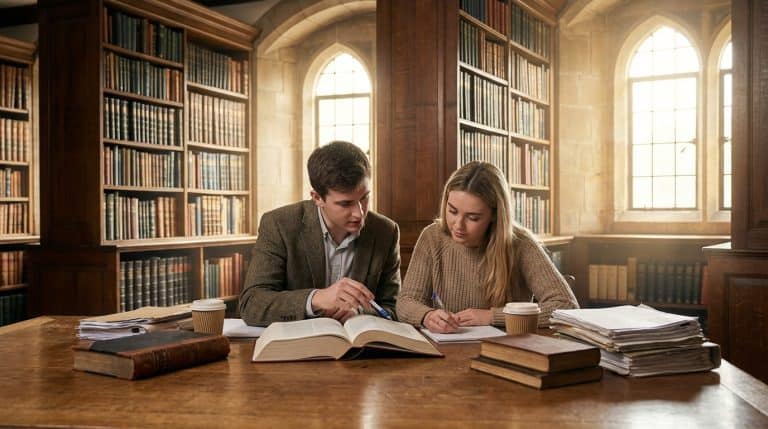 Two students studying together in a traditional British university library