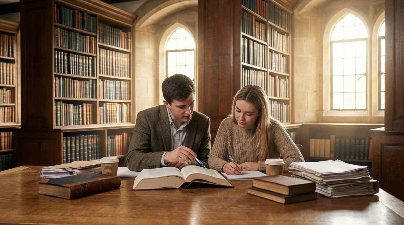 Two students studying together in a traditional British university library