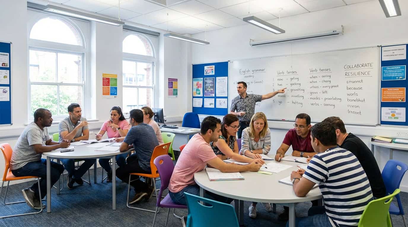 Diverse students engaged in group work in an English language classroom
