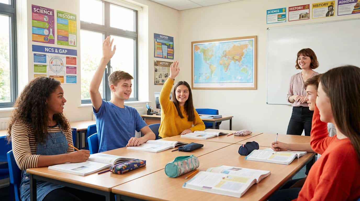 Teenagers in a bright UK classroom with hands raised