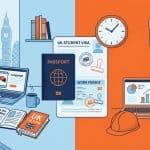 Split illustration showing an English language student studying on one side and work items with visa documents on the other